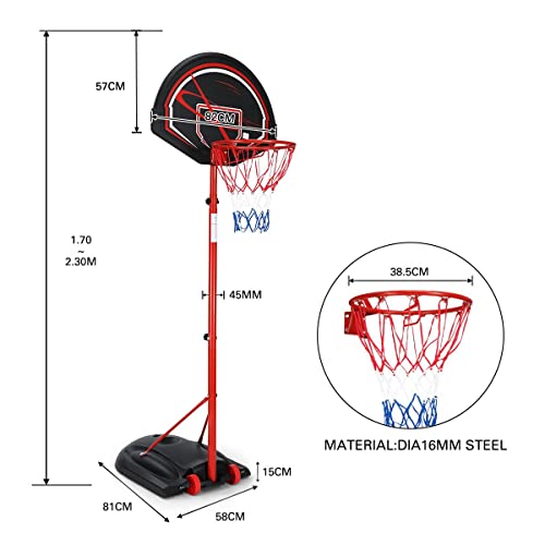 Genki 1.7m-2.3m Basketball Hoop Stand System Height Adjustable Portable Ring Net UV-Resistant Backboard Set Indoor Outdoor w/Wheels