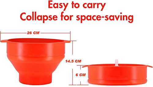 Microwave Popcorn Maker, Silicone Popcorn Popper, Collapsible Seasoning Bowl, Food Grade safety, Heat Resistance, Hot Air Popcorn Maker Kit with Lid, Dishwasher Safe with Handle - No Oil Required - Red