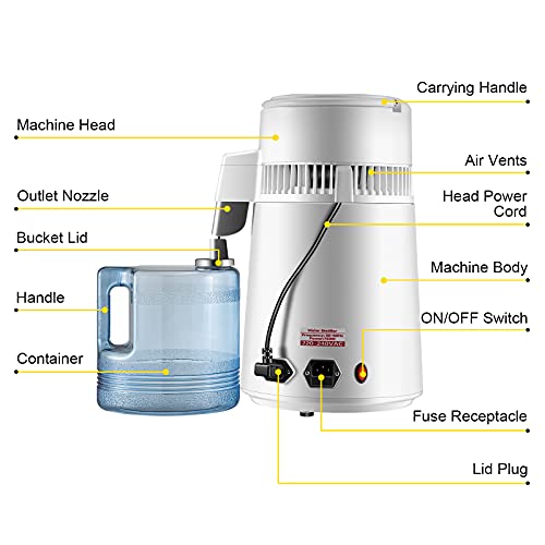 VEVOR Pure Water Distiller 4L Stainless Steel Inner Water Distillation 750W Water Purifier Filter Water Distillers Machine with Collection Bottle for Offices Homes, White