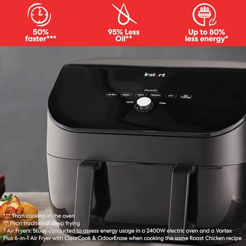 Instant Pot VersaZone Air Fryer comes with XXL Single and Double Air Frying Drawers complete with 8 Smart Programmes - Air Fry, Bake, Roast, Grill, Dehydrate, Reheat - Black, 8.5L