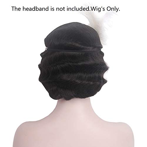 STfantasy 1920s Brown Retro Finger Wave Wigs Long Curly Natural Wavy Synthetic Wig for Women Daily Costume Party (Black)