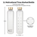 Glospee Motivational Sports Water Bottle with Time Markings, BPA Free frosted Tritan Plastic , Reusable, Leakproof,Drop Resistant and Eco Friendly Drink Bottle 1 Litre | 32 Oz (White)