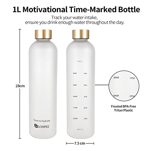 Glospee Motivational Sports Water Bottle with Time Markings, BPA Free frosted Tritan Plastic , Reusable, Leakproof,Drop Resistant and Eco Friendly Drink Bottle 1 Litre | 32 Oz (White)