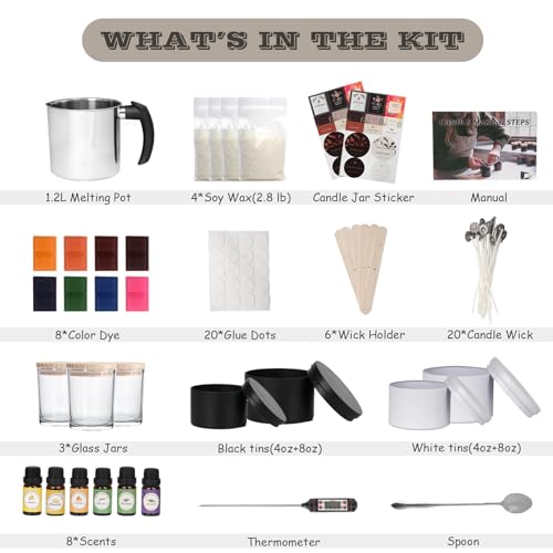 Candle Making Kit Supplies, Soy Wax Making Kit Including Pot, Wicks, Sticker, Tins, Soybean Wax, Spoon & More