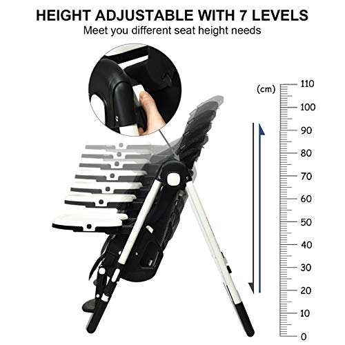BABY JOY High Chair for Babies & Toddlers, Foldable Highchair with Multiple Adjustable Backrest, Seat Height and Footrest, Removable Tray, Detachable PU Leather Cushion, Built-in Rear Wheels (Black)