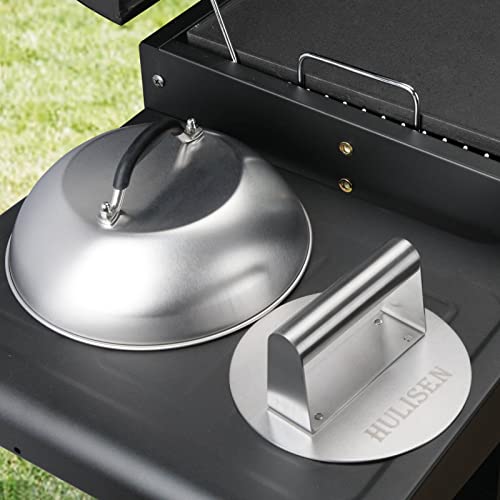 HULISEN Cheese Melting Dome & Smashed Burger Press, 9 Inch Heavy Duty Round Basting Cover with Stainless Steel Burger Smasher, Griddle Accessories Kit for Flat Top Grill Cooking Indoor/Outdoor