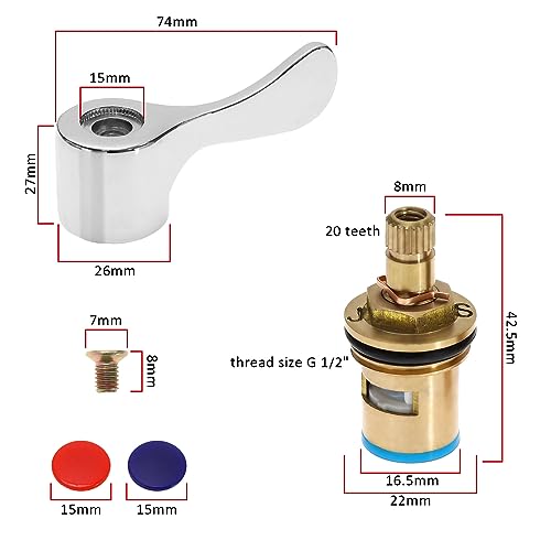 ECSiNG 1 Pair 1/2" Basin Sink Tap Lever Head Conversion Kit Brass Hydraulic Control Cartridge Faucet Valve for Most Bathroom Kitchen Tap (Cold & Hot)