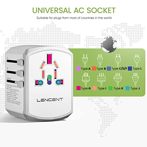 LENCENT Universal Travel Adapter, International Charger with 3 USB Ports and Type-C PD Fast Charging Adaptor for Mobile Phone, Tablet, Gopro. for 200 Countries Type A/C/G/I (USA, UK, EU AUS), White