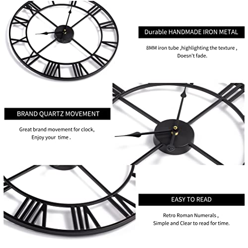 LEIKE Large Modern Metal Wall Clocks 60CM / 24 Inch Rustic Round Nearly Silent Little Ticking Battery Operated Black Roman Numerals Clock for Living Room/Bedroom/Kitchen Wall Decor-60cm