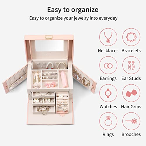 Vlando Jewellery Box Organiser,Faux Leather Jewellery Storage Case with Mirror,Storage for Earring Rings Necklace Large Jewellery Box for Home Storage & Organisation,Christmas Gift - Pink