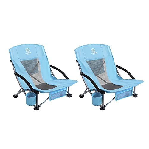Coastrail Outdoor Beach Chair Low Profile Mesh Back Folding Chair for Adults with Cup Holder & Cooler & Phone Bag for Outdoor Camping Beach, Supports 300 lbs, Blue, 2 Pack