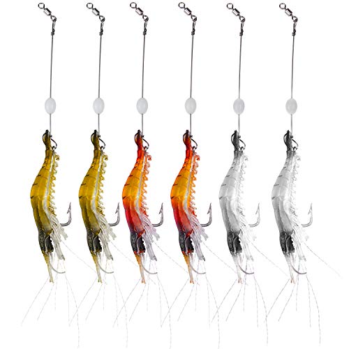 WANBY Fishing Shrimp Lures Artificial Silicone Soft Bait Set Luminous Swimbait Shrimp Fishing Lure with Hooks Fishing Tackle Freshwater/Saltwater (6PCS)