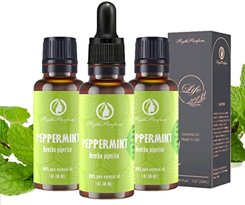 RythParfum Peppermint Essential Oil with Dropper|100% Pure,Undiluted Natural Mint Oil for Diffuser,Humidifier,Aromatherapy| Peppermint Oil for Hair,Massager Fresh,Relax (Pack of 3 oz)