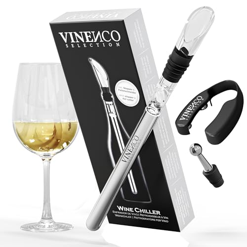 (1.) Wine Chiller Set) - VINENCO Wine Chiller Set + Foil Cutter, Stopper, Storage Pouch & Ebook - Premium 3-in-1 Stainless Steel Bottle Cooler Stick, Decanting Aerator & Drip-Free Pourer Design Bar Accessory Gift Men Women