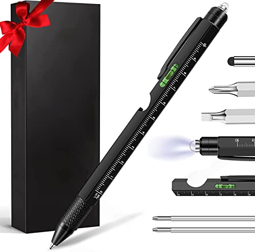 Gifts for Men, 9 in 1 Multitool Pen Set - LED Light, Touchscreen Stylus, Ruler, Level, Bottle Opener, Phillips Screwdriver, Flathead, and Ballpoint Pen - Birthday Gifts for Men, Dad, Husband (Black)