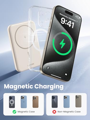 UGREEN Magnetic Power Bank 5,000mAh Wireless Portable Charger 15W PD Charging Battery Pack Compatible with Magsafe iPhone 15 Pro Max/15 Pro/15 Plus/15/14 Pro Max/13/12 Series, White