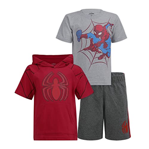 Marvel 3 Pack Spiderman Shorts Set with Graphic Tees for Boys, Hooded Shirt and Shorts, Size 4T Red