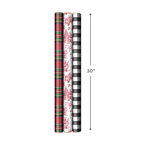 Hallmark Holiday Plaid Wrapping Paper with Cutlines and Optional DIY Bow Templates on Reverse (3 Rolls: 120 Sq. Ft. Ttl) Red Toile, Black and White Buffalo Check, Christmas Plaid
