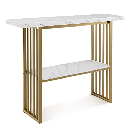 Giantex 2-Tier Console Table, White Faux Marble Sofa Table w/Open Shelf, Gold Steel Frame, Modern Entryway Table Compact Rectangular Foyer Table, Narrow Couch Table for Living Room, Hallway