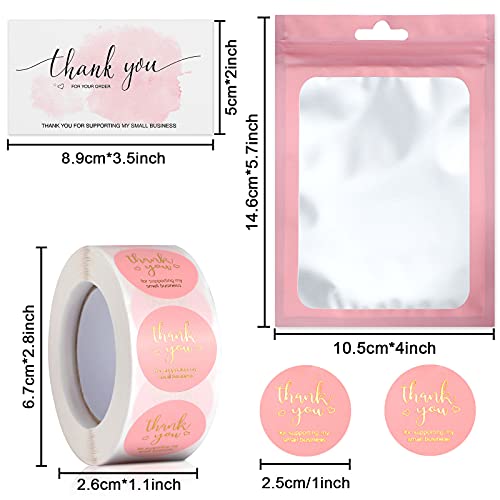 620 Pieces Thank Cards and Stickers Set Gold Foil for Supporting My Small Business with Resealable Packaging Bag, Suitable Owners(Pink)