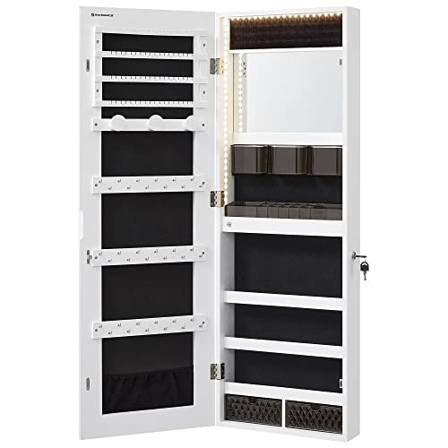 SONGMICS Jewelry Cabinet Armoire Organizer with LED Lights, Wall-Mounted Storage Cabinet with Full-Length Frameless Mirror, Built-in Makeup Mirror, 2 Drawers, Lockable, White UJJC013W01