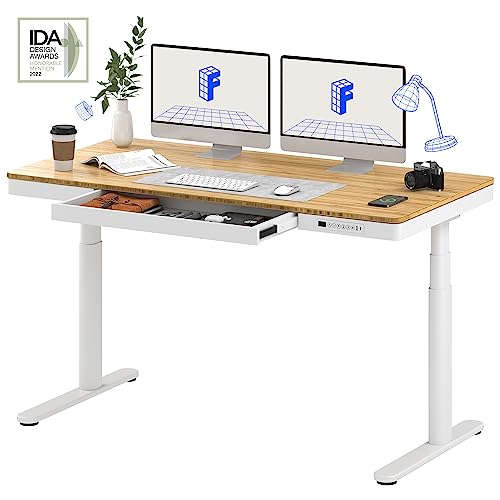 FLEXISPOT Q8 55" Bamboo Desktop w/Wireless Charging, Electric Standing Desk with Drawers, Dual Motor 3 Stages Sit Stand up Desk with Cable Management Tray (White Oval Legs + Bamboo Top, 2 Packages)