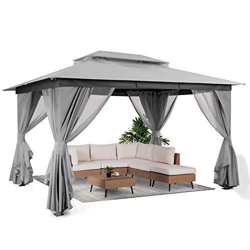 LAUSAINT HOME Outdoor Patio Gazebo 10'x13' with Expansion Bolts, Heavy Duty Party Tent & Shelter with Double Roofs, Mosquito Nettings and Privacy Screens for Backyard, Garden, Lawn, Smoke Grey