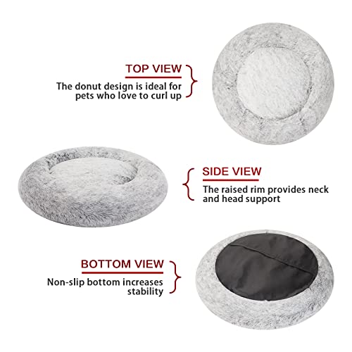 Bedfolks Calming Donut Cat Bed, 60CM Round Fluffy Dog Beds for Small Dogs & Cat Beds for Indoor Cats, Washable Anti-Anxiety Plush Puppy Bed（Dark Grey, Small