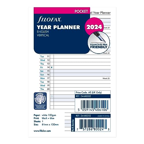 Filofax Calendar Diary Refill, Pocket Size, Vertical Year Planner, White Paper, English, 2024 (C68202-24)