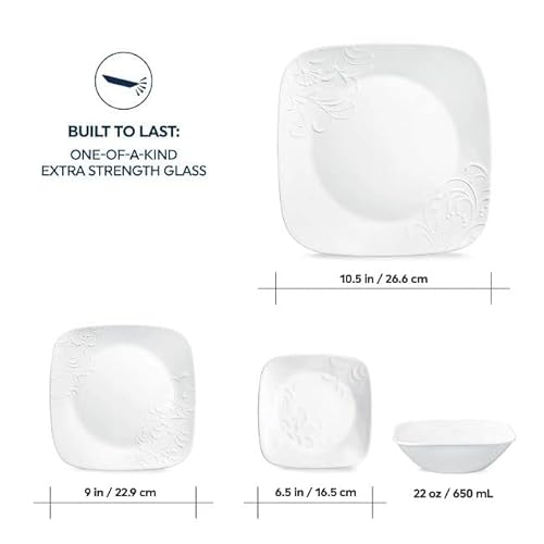 Corelle Cherish 16pc, Service for 4, Dinnerware Set, 8 Plates 8 Bowls, Chip & Break Resistant, Dinner Plates and Dinner Bowls, Corelleware Plates, White