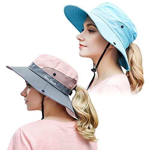 Muryobao 2 Pack Women Ponytail Summer Sun Hat UV Protection Wide Brim Foldable Safari Fishing Cap, 2 Pack - Pure Blue & Pink, One Size