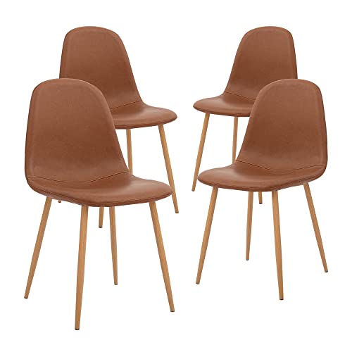 CangLong Washable PU Cushion Seat Back, Mid Century Metal Legs for Kitchen Dining Room Side Chair, Set of 4, Brown