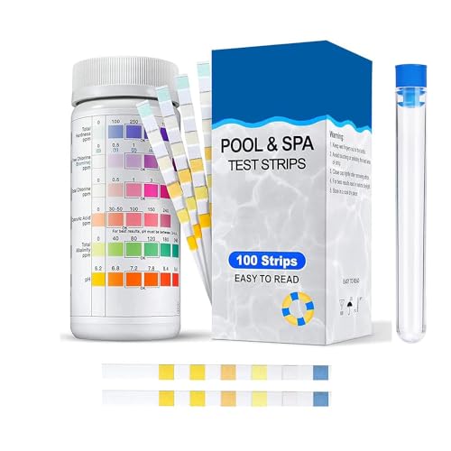 7 in 1 Pool Test Strips, 100pcs, Pool & Spa Test Strips, Water Quality Testing Strip for Hardness, Chlorine, Bromine, pH, Alkalinity, and Cyanuric Acid in Freshwater Saltwater Swimming Pool