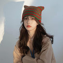 Women Striped Beanie Cute Cat Ear Little Devil Hat Winter Warm Soft Knitted Slouchy Beanie Hat Crochet Ski Cap