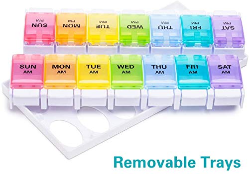 AM PM Weekly 7 Day Pill Organizer, KAPASKI Large Daily Pill Cases Pill Box with Easy Push Button Design for Pills/Vitamin/Fish Oil/Supplements (Rainbow)