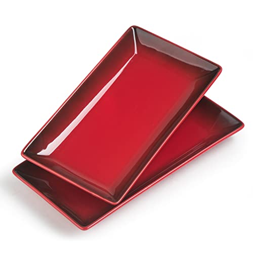 Gomakren Serving Platters Trays for Parties, Christmas Serving Dishes and Platters Porcelain Rectangle Plates Set of 2, 10 in Food Serving Tray, Microwave Dishwasher Safe Burgundy Red