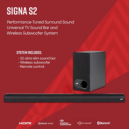 Polk Audio Signa S2 Ultra-Slim Universal TV Sound Bar with Wireless Subwoofer, Bluetooth Enabled Music Streaming, Black
