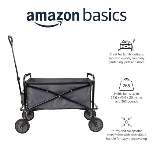 Amazon Basics Collapsible Folding Outdoor Utility Wagon with Cover Bag, Gray