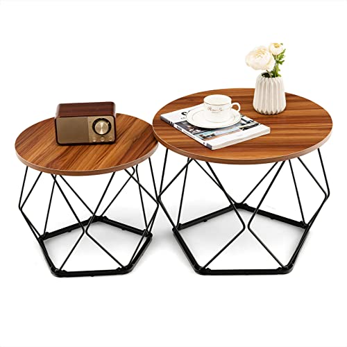 Giantex Nesting Coffee Table, Circle Side End Table w/Pentagonal Steel Base & EVA Pads, Accent Tea Center Table for Small Space, Round Bedside Table Set of 2 for Living Room Bedroom, Rustic Brown