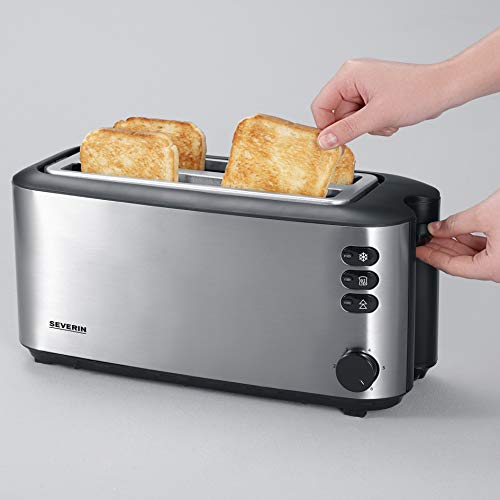 SEVERIN Automatic Long Slot Toaster, Toaster with Bun Attachment, High-Quality Stainless Steel Toaster with Large Roasting Chambers and 1400 W Power, Brushed Stainless Steel/Black, AT 2509