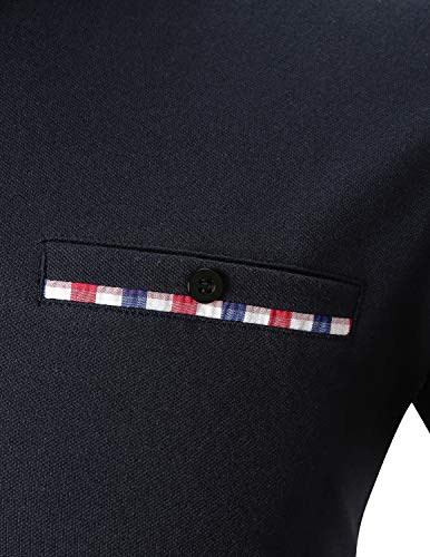 STTLZMC Mens Long Sleeve Poloshirt Contrast Plaid Collar Slim Fit Tennis Tops Shirt,Navy,M