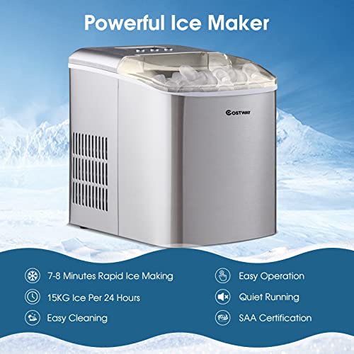 Costway Countertop Ice Maker, Portable Ice Machine w/Self-Clean Function, 2 Ice Sizes, 9 Bullet Ice Per 7-8Mins, LCD Display & Ice Scoop, Commercial Ice Cube Maker Tray for Restaurant, Bar, Office