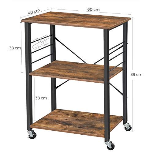 VASAGLE Kitchen Shelf on Wheels Serving Trolley with 3 Shelves Metal Frame with 6 Hook Rustic Brown KKS60XV1