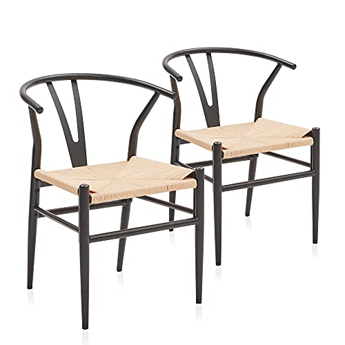 BELLEZE Black Kitchen Dining Room Chairs Set of 2, Modern Wishbone Indoor Dining Chairs with Mid-Century Metal Curved Backrest, Natural Weave Hemp Seat - Sorrento (Black)