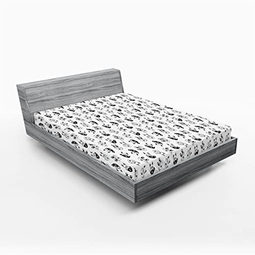 Ambesonne Animal Print Fitted Sheet, Little French Bulldog Puppies Inside Coffee Cups Dog Paws Pet Love, Bed Cover with All-Round Elastic Deep Pocket for Comfort, King Size, Charcoal Grey White