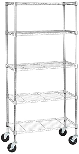 Amazon Basics 5-Shelf Adjustable, Heavy Duty Storage Shelving Unit on 4'' Wheel Casters, Metal Organizer Wire Rack, Chrome (76.2L x 35.56W x 164.47H) cm