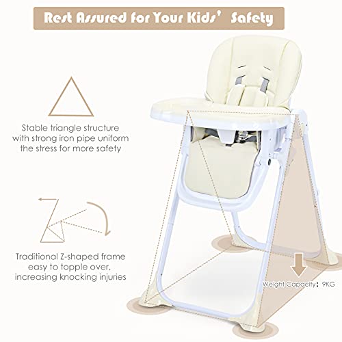 BABY JOY Baby High Chair, Folding Highchair for Toddlers w/Adjustable Height, Recline Backrest & Footrest, Portable High Chair Baby Dinning Chair w/Wheels, Removable PU Leather Seat (Beige)