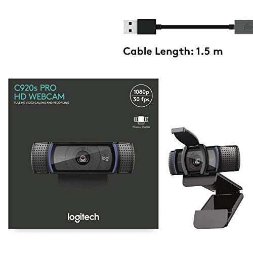 Logitech C920S HD Pro Webcam, Full HD 1080p/30fps Video Calling, Clear Stereo Audio, HD Light Correction, Privacy Shutter, Works with Skype, Zoom, FaceTime, Hangouts, PC/Mac/Laptop/Tablet/XBox - Black