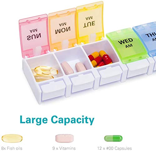 AM PM Weekly 7 Day Pill Organizer, KAPASKI Large Daily Pill Cases Pill Box with Easy Push Button Design for Pills/Vitamin/Fish Oil/Supplements (Rainbow)