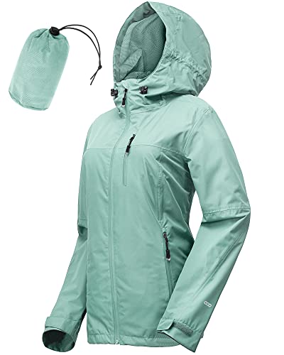 33,000ft Women's Waterproof Packable Rain Jackets Lightweight Breathable Windbreaker Raincoat Outdoor Windproof Running Golf Cycling Jacket with Hood, Mint Green, 14-16